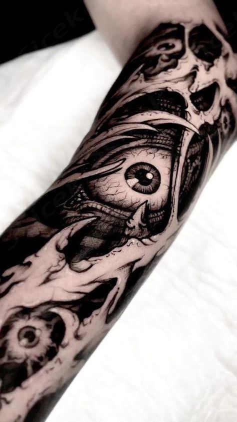 Black And Grey Tattoo Filler, Dark Eye Tattoo, Black Work Tattoo Sleeve, Creepy Eye Tattoo, Black Abstract Tattoo, Eldritch Tattoo, Sleeve Tattoos Men, Tattoos Eyes, Dark Mark Tattoos