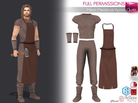 Second Life Marketplace - SAVE!! 5in1 Men's Medieval Apron Outfit For Legacy Belleza Jake Slink Male Signature Gianni Ocacin Gamit Classic Body Blacksmith Outfit Male, Medieval Squire Clothing, Mens Medival Costumes, Men At Arms Medieval, Tunic Men Medieval, Chat Line, Second Life Avatar, How To Buy Land, Body Shapes