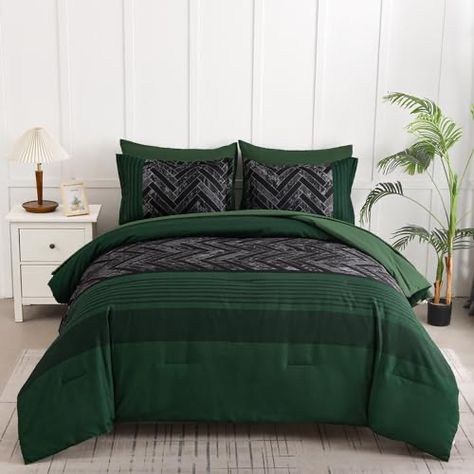 Emerald Green And Gray Bedroom, Emerald Green And Grey Bedroom, Green And Grey Room, Forest Green Comforter, Green And Black Bedroom Ideas, Emerald Green Comforter, Comforter Ideas, Brown Comforter Sets, Green Comforter Sets