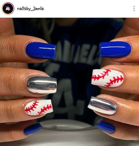 Square Nails. Blue Nails. Chrome Nails. Baseball Nails. Dodgers Nails. Acrylic Nails. Gel Nails. LA Dodgers Nails. Blue Jays Nails, Dodger Nails, Cubs Nails, Baseball Nail Designs, Nails Acrylic Square, Nails Acrylic Designs, Baseball Nails, Sports Nails, Nails Chrome