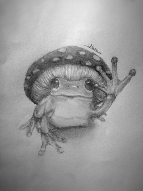 Pencil sketch of a frog with mushroom on his head and he says hi :) Frog With Mushroom Hat Tattoo, Frog Sitting On Mushroom Drawing, Frog With Mushroom Hat Drawing, Frog Drawing Realistic, Frog And Mushroom Drawing, Frog Mushroom Tattoo, Mushroom Hat Drawing, Frog Drawing Sketches, Frog Sketches