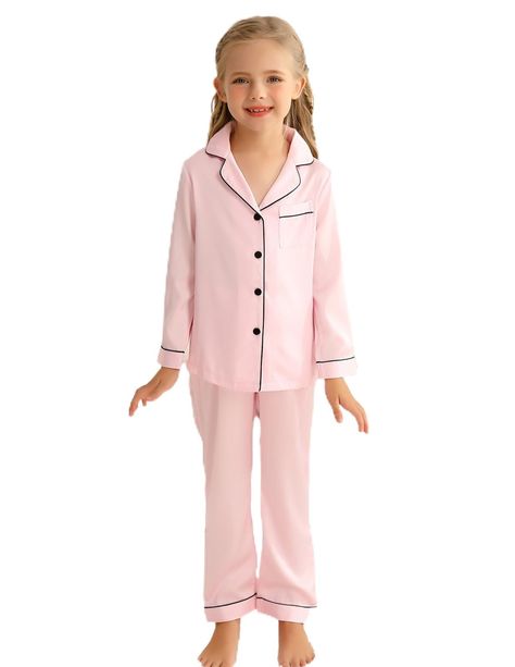 PRICES MAY VARY. 🌈Premium Material: This Kids Classic Long Sleeve Pajamas Made of high-quality silk satin fabric. Ultra-soft, lightweight, cool, breathable and comfortable. Give your lovely kids to dreamland sweet in every summer night. 🌈Classic Pajamas Style: VESEACKY unisex nighty design with classic notch collar, long sleeve, button front sleep shirt, mini chest pocket, exquisite piping contrast and super cute pj shorts. Suitable for boys and girls wear in spring and summer. 🌈Elastic Waist Girls Silk Pajamas, Silk Pajamas Kids, Pink Button-up Sleepwear For Pajama Party, Pink Disney Long Sleeve Sleepwear, Satin Nightwear, Silk Pjs, Kids Pajamas Girls, Unisex Pajamas, Satin Pj Set