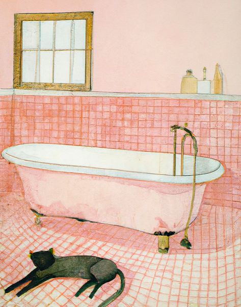 Pink Tiled Bathroom, Bathroom Illustration, Bathroom Drawing, Cat Relaxing, Tiled Bathroom, Cat Home Decor, Retro Bathroom, Pink Minimalist, Retro Art Prints