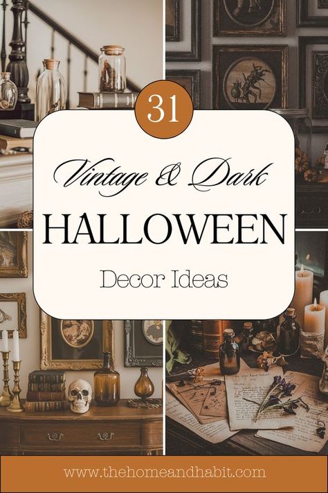 Uncover the perfect blend of vintage Halloween charm and dark academia decor. Our latest blog post showcases 31 hauntingly elegant decor ideas to transform your space into a sophisticated autumnal haven. Learn how to incorporate witchy elements and timeless pieces for a truly captivating atmosphere. Read the post to find inspiration for your perfect Halloween ambiance. #VintageHalloween #DarkAcademia #FallDecor #TimelessHaunts #HalloweenDecor #ElegantHalloweenDecor #VintageHalloweenDecorations Halloween Academia Aesthetic, Halloween Decorations Apothecary, Frankenstein Room Decor, Gothic Halloween Diy Decor, Kitchy Halloween Decor, Spooky Elegant Halloween, Vintage Fall Decor Ideas Diy, Halloween Victorian Decor, Dark Academia Tablescape