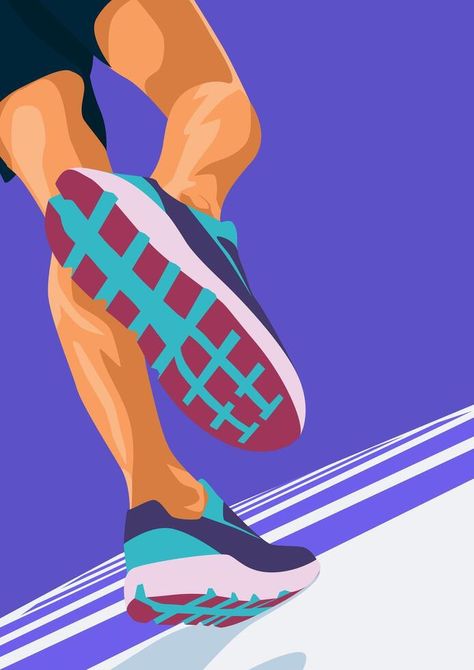 Runner's Legs Poster Illustration Design.Minimalist Sports Poster with Purple Background Color.Running Vector Flat Illustration Running Illustration Design, Running Track Illustration, Running Poster Design, Running Graphic Design, Running Moodboard, Runners Aesthetic, Marathon Illustration, Runner Illustration, Running Artwork