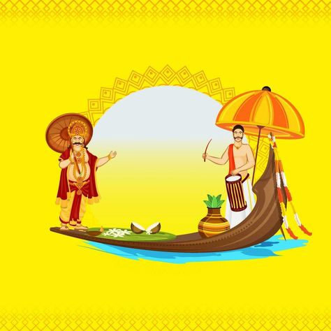 Illustration Of South Indian Drummer With King Mahabali Character, Traditional Pot And Vallam Kali On Yellow Background For Onam Festival. Onam Background Png, Onam Background Images For Editing, Kalolsavam Poster Background, Onam Poster Design Background, South Indian Background, Onam Background Design, Onam Background Images, Onam Wallpaper, Onam Background