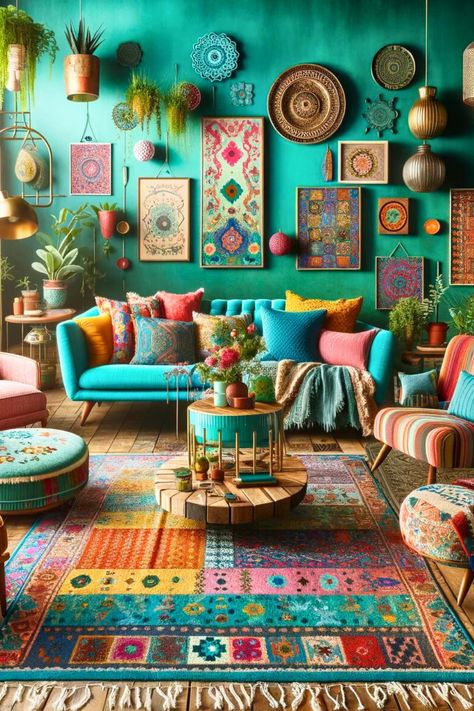 Boho Bonus Room Ideas, Boho Living Room Colors, Bright Colored Living Room, Bohemian Maximalist Decor, Bohemian Modern Living Room, Boho Colorful Living Room, Bright Boho Living Room, Bohemian Decorating Ideas, Boho Glam Living Room