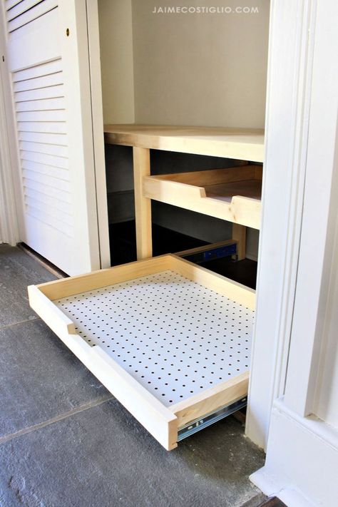 A DIY tutorial to build closet shoe trays. How to add pull out shoe trays to your closet including step by step details and free plans. #organizeit #diy Pull Out Shoe Shelves, Sliding Shoe Drawer, Pullout Shoe Rack, Diy Shoe Closet Shelves, Diy Shoe Rack In Closet, Roll Out Shoe Storage, Closet Shoe Drawer, Mudroom Closet Shoe Storage, Slide Out Shoe Storage