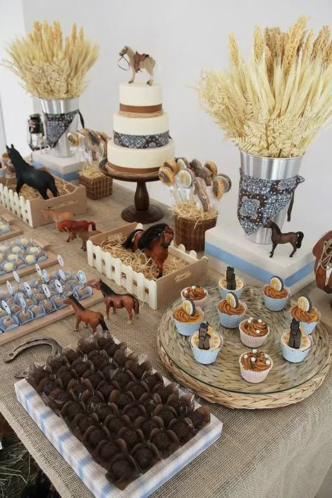 23+ Creative Cowboy Themed Baby Shower Ideas 2023 First Easter, Horse Theme Birthday Party, Cowboy Baby Shower Theme, Rodeo Baby Shower, Country Birthday Party, Horse Themed Party, Rodeo Birthday Parties, Cowboy Theme Party, Sofia Party