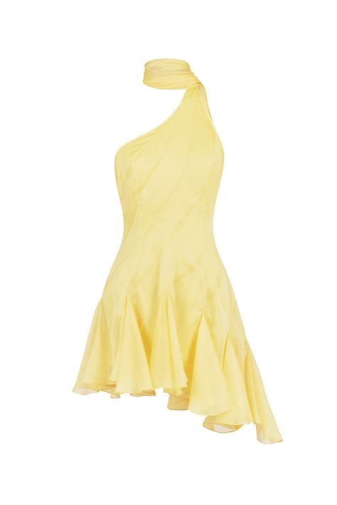 Pale Yellow Dress Short, Yellow Graduation Dress, Pastel Yellow Dress, Stolen Stores, Yellow Silk Dress, Yellow Dress Outfit, Yellow Clothing, Godet Dress, Happy Clothes