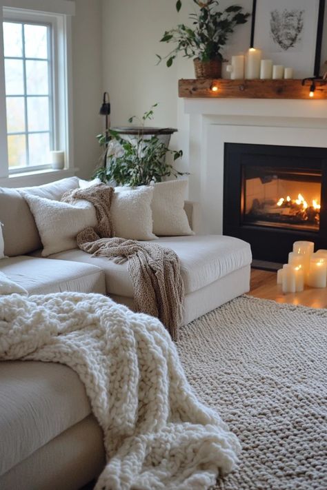 "Add a touch of Hygge to your home with a cozy living room makeover! 🛋️🔥 A great way to create a relaxing and inviting atmosphere. 🌿✨ #HyggeVibes #LivingRoomInspiration #CozyDecor" Hygge Tv Room, Spa Home Decor Living Room, Living Room Ideas With Cream Couch, Calming Living Room Ideas Cozy, Cosy Warm Living Room, Cozy Romantic Living Room, Cozy Clean Living Room, Cozy Sectional Living Room, Hygge Living Room Inspiration