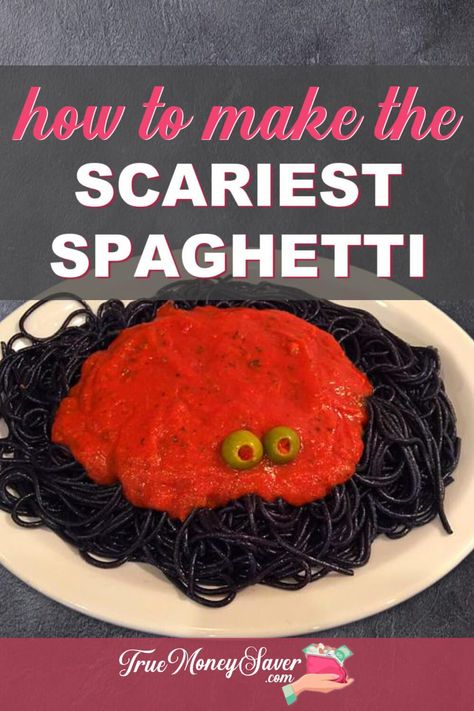 Are you ready to give your kids a fright? Serve them the scariest Spaghetti Sauce Dinner around with spooky blackworms! It's sure to delight! #truemoneysaver #halloween #spaghetti #spaghettidinner #dinner #spiderspaghetti #scarydinner #scarydinners #scarydinnertheme #scarydinnertime #halloweendinnerideas #halloweendinneridea #scaryhalloweendinner #blackspaghetti #blackspaghettiday #blackspaghettinoodles #spaghettidinnernight #spaghettidinners #spaghettidinnerforthewin #spaghettidinnertime Halloween Speggetti, Black Noodles Halloween, Halloween Spaghetti Dinner, Halloween Spaghetti And Meatballs, Halloween Italian Food, Halloween Spaghetti, Spooky Spaghetti, Cheap Halloween Party, Candy Corn Recipe