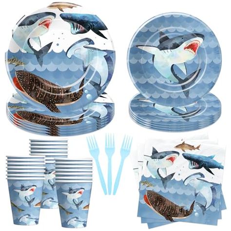 Shark Birthday Decorations, Shark Decorations, Shark Party Decorations, Birthday Plates, Sea Shark, Shark Illustration, Shark Themed Birthday Party, Shark Decor, Ocean Theme Party