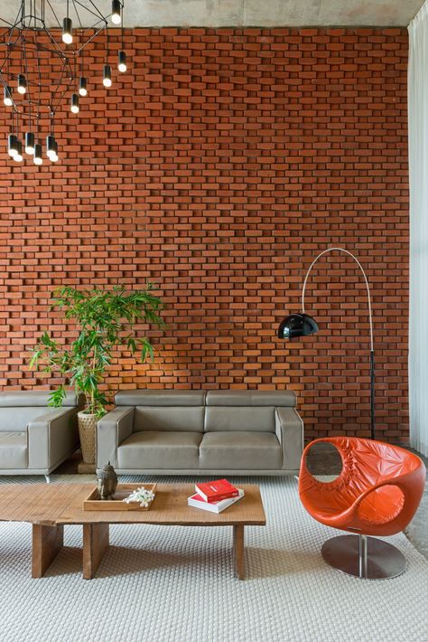 Brick Facade House | Design Work Group - The Architects Diary Living Room Brick Wall, Room Brick Wall, Curtain House, Brick Tile Wall, Brick Wall Living Room, Brick Wall Decor, Brick Works, Brick Interior, Brick Cladding