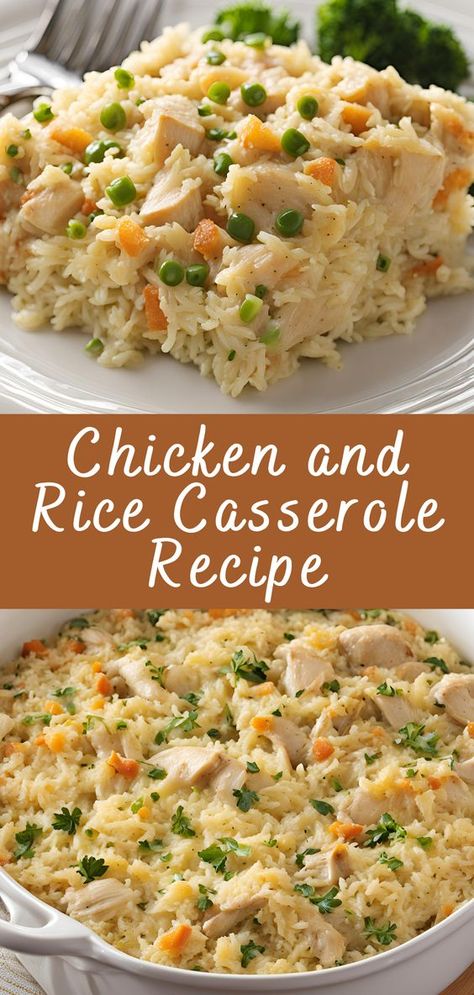 Chicken and Rice Casserole Recipe | Cheff Recipes Rice For Dinner Recipes, Chicken With Rice Casserole, Chicken And Rice Casserole Recipes Easy, Rice Dinner Recipes Main Dishes, Chicken Rice Casserole Easy, Rice And Chicken Recipes, Creamy Chicken Rice Casserole, Chicken Rice Recipes Easy, Easy Chicken Rice Casserole