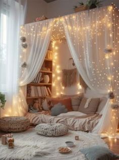 Fairy Lights Girls Bedroom, Enchanted Playroom, Playroom Seating Ideas, Living Room Fairy Lights Ideas, Playroom Canopy, Fairy Lights Bedroom Ideas, String Lights Bedroom, Bedroom Fairy Lights, Hall Ideas