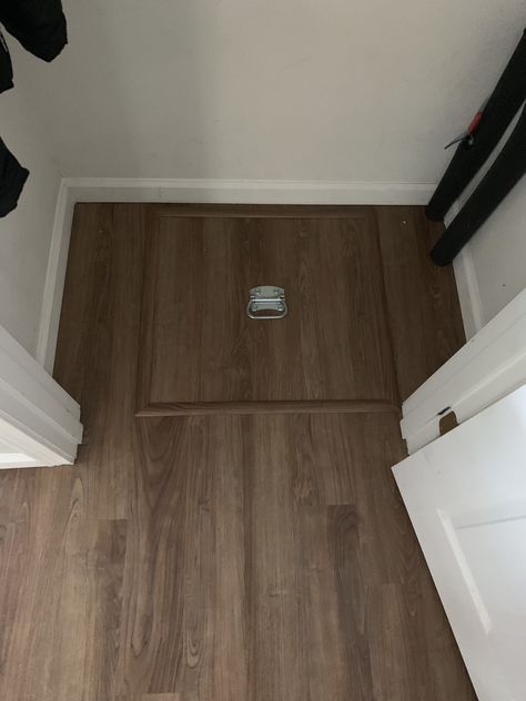 Installation of LVT flooring on Trap door with Trim. Coretec Dakota Walnut Dakota Walnut Coretec, Coretec Dakota Walnut, Floor Trap Door, Trap Door Ideas, Trap Door In Floor, Crawl Space Door, Space Door, Shared House, Music Rooms