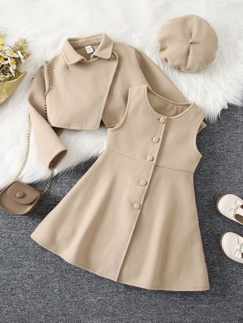 Camel Casual Collar Long Sleeve  Plain  Embellished Non-Stretch  Young Girls Clothing Trendy Kids Outfits, Baby Dress Design, Girl Dress Patterns, Kids Fashion Dress, Casual Day Outfits, Korean Fashion Dress, Kids Fashion Clothes, Frocks For Girls, Fashion Dresses Casual