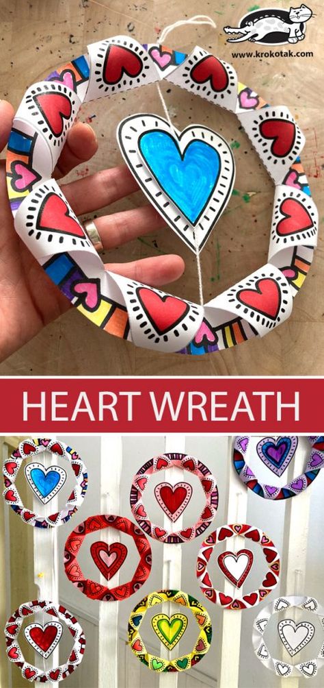 krokotak | HEART WREATH Classroom Crafts, Valentine Art Projects, February Crafts, Classroom Art Projects, Elementary Art Projects, Valentines Art, Valentines Day Activities, School Art Projects, Heart Wreath