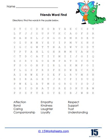 Friends Word Find Worksheet - 15 Worksheets.com Butterfly Character, Friends Word, Friendship Printables, Holiday Science, Kindergarten Social Studies, Social Development, Word Find, Colorful Butterfly, Character Education