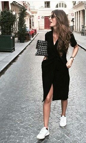 Wrap Dress Sneakers, Office Dress With Sneakers, Dress With Sneakers Work Outfit, Wrap Dress And Sneakers Outfit, Business Dress With Sneakers, Black Dress With Trainers, Work Dresses With Sneakers, Dress And Sneakers Outfit Formal, Sneakers Dressed Up