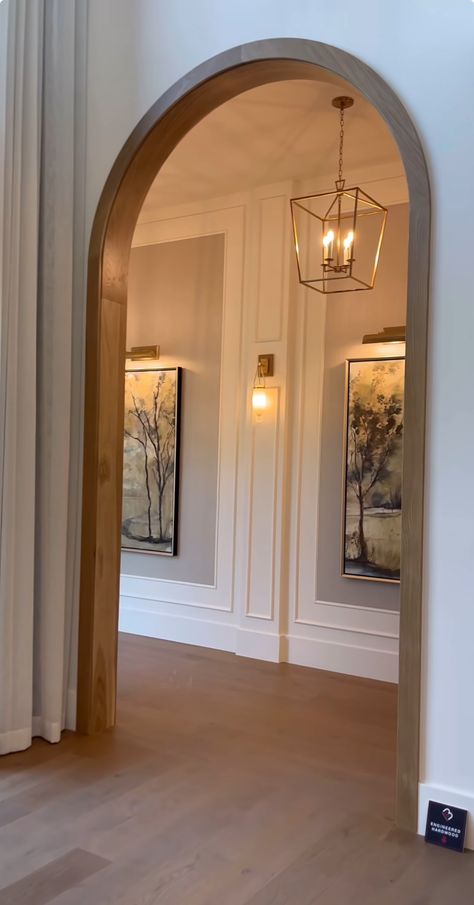 Grand Entrance Home, House Walkway Entrance Inside, Diagonal Interior Design, Tall Corner Fireplace Wall High Ceilings, Arch House Design Interior, Barrel Ceiling Hallway, Vaulted Ceiling Wall Panelling, Historic Homes Interior Decor, Modern Cozy Home Decor