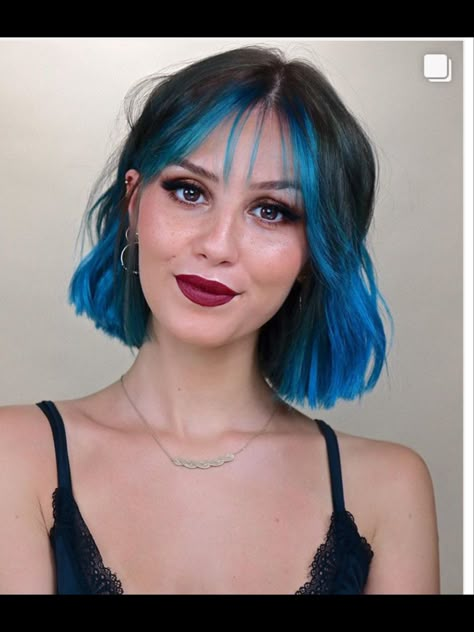 Short Hair Haircolour, Vivid Balayage Short Hair, Inside Dyed Hair, Short Brown And Blue Hair, Blue Highlights With Bangs, Colored Bob With Bangs, Bob Hair Dye Ideas, Short Alternative Haircuts With Bangs, Vivid Short Hair