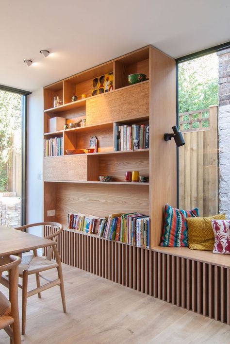 Oak Bookshelves, Window Seat Design, House Extensions, A Living Room, Window Seat, Cheap Home Decor, 인�테리어 디자인, Home Interior, Home Living Room