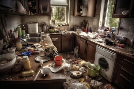 Photo kitchen messy dirty generate ai | Premium Photo #Freepik #photo #dirty-kitchen #dirty-dishes #messy-kitchen #dish-wash Messy Kitchen Aesthetic, Alien House, Photo Kitchen, Interior Drawing, Dirty Room, Dirty Kitchen, Messy House, Men Apartment, Wooden Room