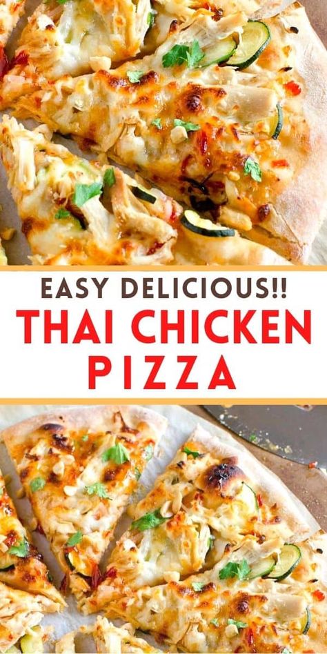 Our Thai pizza is topped with chicken, fresh vegetables and herbs with a sweet & spicy Asian sauce. It's a favorite in our pizza night rotation! Thai Pizza, Curry Pizza, Thai Chicken Pizza, Chicken Pizza Recipes, Healthy Pizza Recipes, Chicken Fresh, Naan Pizza, Gourmet Pizza, Asian Sauce