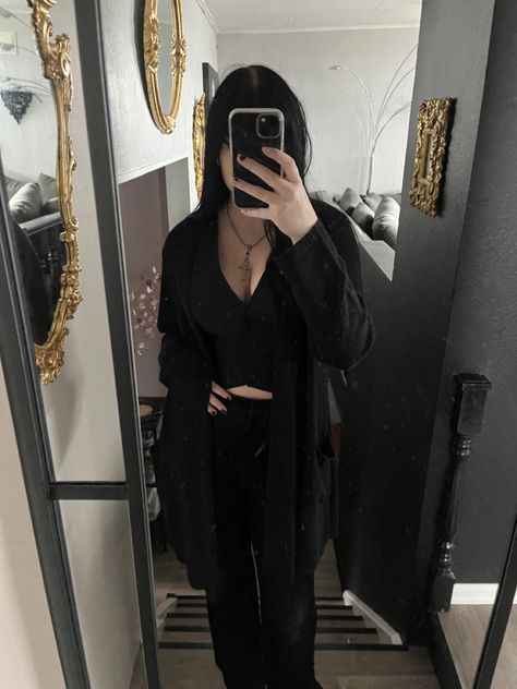 Goth Indie Outfits, Clean Goth Girl Aesthetic, Goth Lounge Outfit, Alt Black Outfits, Clean Girl Goth Aesthetic, Clean Alternative Style, Goth Cardigan Outfit, Clean Goth Aesthetic Outfits, Goth Clean Girl