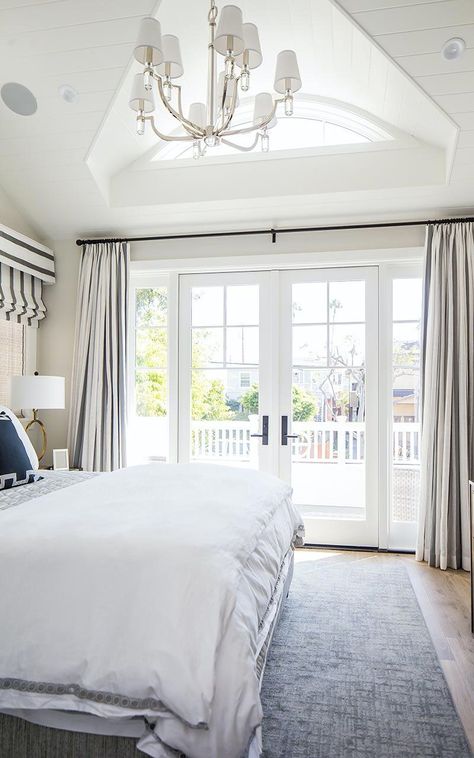 Beautiful duplex house exuding coastal charm in Corona del Mar Door Curtains Bedroom, White Bedroom Door, White French Doors, French Doors Bedroom, Small Bedroom Remodel, White Bedroom Design, French Door Curtains, Bedroom Remodel, Sliding Glass Doors