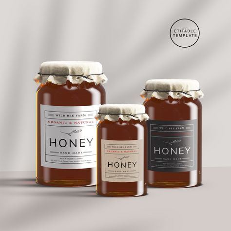 "Editable Honey Preserve/Jam Jar Label Template, Printable Honey Jar Label, DIY Jam Jar Label, Modern Honey Label Design Add the finishing touch to your Beautiful Products with these modern, customisable Honey Preserve / Jam Jar Labels. Edit the text and add logo to include your own brand name and contact info. This listing is an \"INSTANT DOWNLOAD\" that includes a high resolution, printable Jar Label Template. The minimalistic design make this Honey Preserve Jar Label a great choice for your s Jam Labels Design, Food Product Label Design Ideas, Honey Label Design Graphics, Jam Jar Labels Design, Jar Label Ideas, Honey Jar Design, Diy Jam, Preserves Labels, Label Design Template