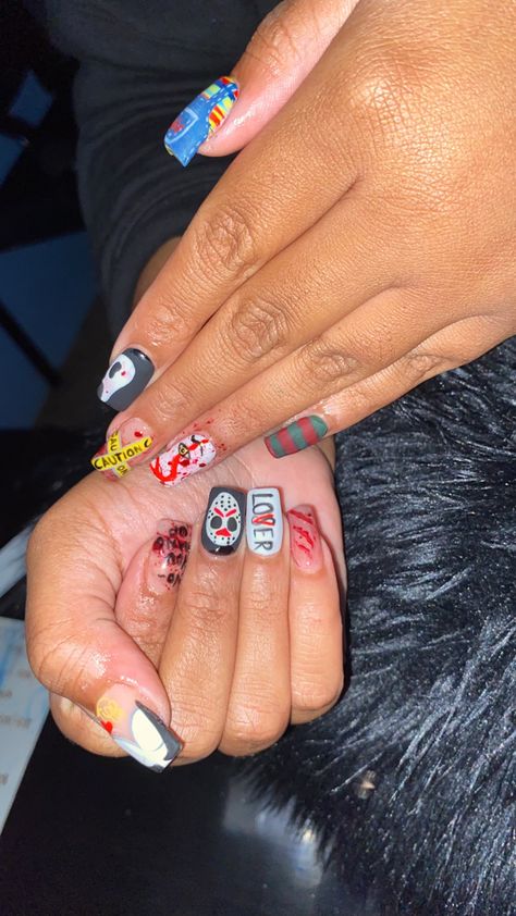 halloween nails short jason it micheal meyers freddy kruger chucky tiffany scream Short Scream Halloween Nails, Chucky Nails, Scream Halloween, Short Nail Designs, Halloween Nails, Short Nails, Nail Designs, Nails