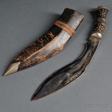 Gurkha Knife with Two Utility Knives in One Sheath, Kukri | Sale Number 2908T, Lot Number 1060 | Skinner Auctioneers Knife Making, Kukri Knife, Pretty Knives, Utility Knives, Dagger Knife, Arm Armor, Cool Knives, Hunting Knife, Axes