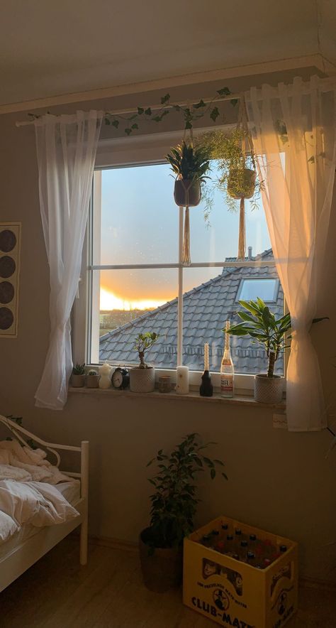 Room With Two Windows, Aesthetic Curtains Bedroom Window, Window Bedroom Decor, Plants Window Aesthetic, Room Window Decor, Window Room Decor, Small Window Decor Ideas Living Room, Window Middle Of Wall Bedroom, Short Curtains Bedroom Aesthetic