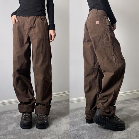 vintage brown carpenter jeans thick chocolate brown... - Depop Dark Brown Jeans Outfit Mens, Baggy Jeans Brown, Baggy Brown Denim Pants, Brown Carpenter Pants Outfit, Brown Jean Outfit, Brown Jeans Outfit Mens, Dark Brown Pants Outfit, Brown Clothes Aesthetic, Brown Baggy Pants