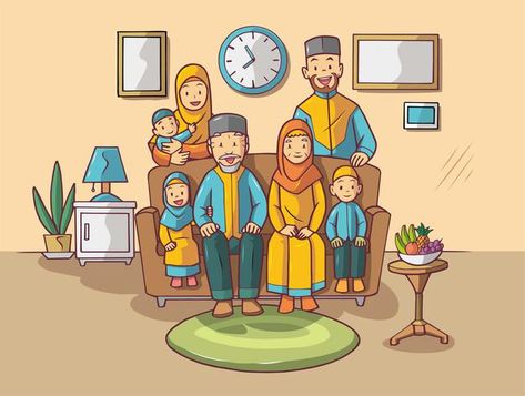 Family Gathering Illustration, Big Family Drawing, Family Gathering Design, Gathering Illustration, Big Family Gathering, Muslim Cartoon, Muslim Parenting, Importance Of Prayer, Big Family Photos