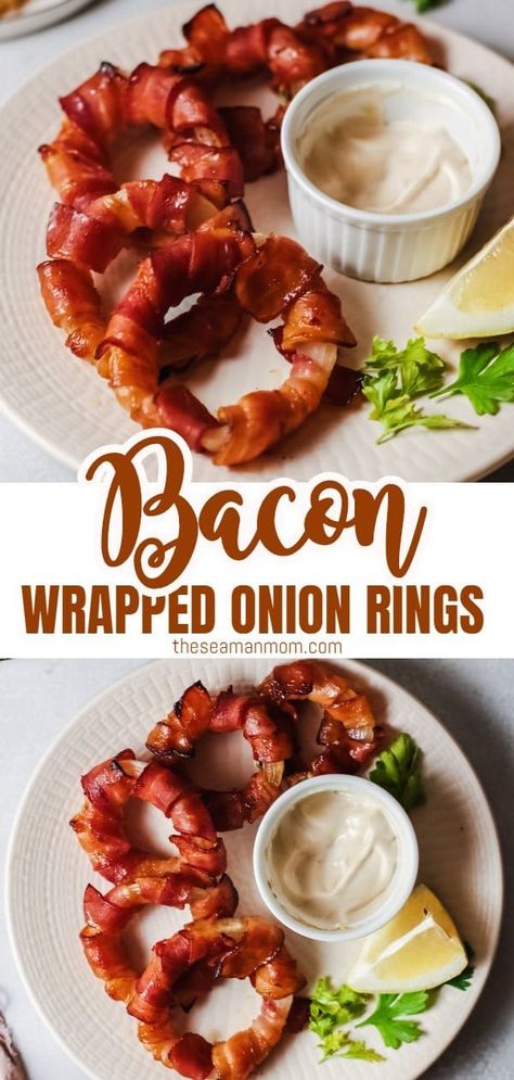 Bacon Wrapped Onion Rings are the appetizer every party needs! A super soft and savory onion ring is covered with bacon, smothered with spicy bbq sauce and then baked until crispy and oh so delicious! Smoky, hot, savory and just everything a good appetizer should be. Trust me when I say they will be the star of the party! Onion Ring Appetizer, Bacon Wrapped Food Ideas, Bacon Themed Food, Bacon Wrapped Appetizers Ideas, Bacon Appetizers Parties Food, Cheesy Bacon Onion Rings, Bacon Wrapped Vegetables, Unique Bacon Recipes, Onion Rings Easy