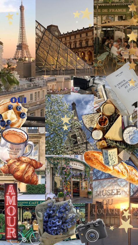 #paris #cheese #streets #architecture #food #summer #stars #traveling #paris #france #french #girl #girly #wallpaper #sticker #cute #food #eiffeltower Fairycore Aesthetic Wallpaper, Food Collage, Vision Board Examples, Girly Wallpaper, French Aesthetic, Cute Home Screens, France Aesthetic, Food Summer, Paris Vibes