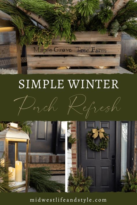 Winter Porch Ideas After Christmas, After Christmas Front Porch Decor, Front Porch Winter Decor Ideas After Christmas, Winter Farmhouse Exterior, Front Deck Christmas Decor Ideas, Exterior Winter Decor, Rustic Winter Porch Decor, Modern Front Porch Christmas Decor, Scandinavian Christmas Porch