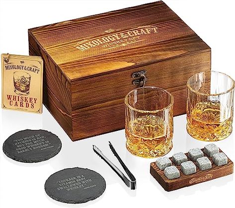 Mixology Whiskey Stones Gift Set for Men - Pack of 2, 10 oz Whiskey Glasses w/ 8 Granite Chilling Rocks, 2 Coasters, Metal Tong & Cocktail Card in Wooden Box - Diamond Cocktail Cards, Whiskey Gift Set, Cocktail Recipe Book, Whisky Set, Gift Set For Men, Bourbon Gifts, Whiskey Set, Whiskey Stones, Whiskey Gifts