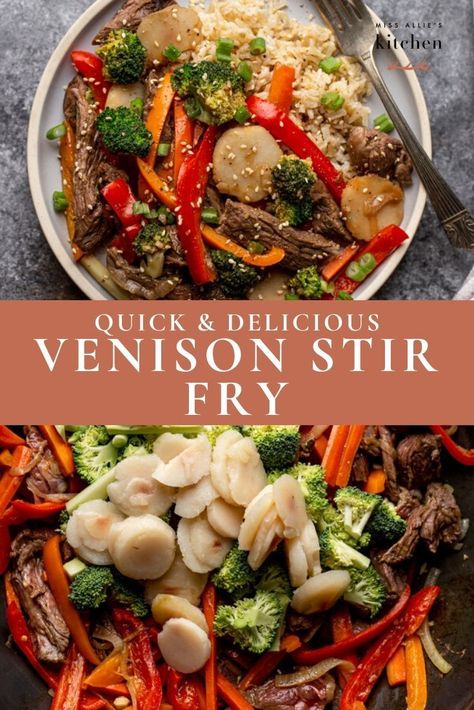 If you are short on motivation or time, this Venison Stir Fry is the perfect quick recipe to pack in a bunch of veggies and lean protein. The key to this recipe is a simple marinade for the venison to make sure it is nice and tender. This stir fry can be made in less than 15 minutes, so get off the couch and get cooking! #easydinnerideas #healthydinnerideas #wildgame #wildgamecooking #venison #deermeat #venisonrecipes #quickmeals Cheap Venison Meals, Deer Steak Dinner Ideas, Tenderloin Recipes Venison, Whole 30 Venison Recipes, Venison Chunks Recipes, Venison Pepper Steak, Healthy Venison Recipes Clean Eating, Canned Venison Recipes Dinners, Deer Roast Recipes