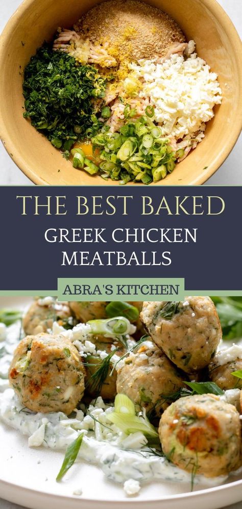 These healthy oven-roasted Greek Chicken Meatballs are bursting with vibrant Mediterranean flavors. Made with ground chicken, feta cheese, fresh herbs, and spices these healthy meatballs are perfect for meal prep or a delicious weeknight dinner. Chicken Zucchini Feta Meatballs, Mediterranean Chicken Meatball Recipes, Moroccan Chicken Meatballs, Mediterranean Chicken Burgers, Healthy Dinner With Ground Chicken, Turkey Meatball Dinner Ideas Healthy, Ground Turkey Greek Meatballs, Chicken Zucchini Meatballs With Feta, Greek Meatball Meal Prep