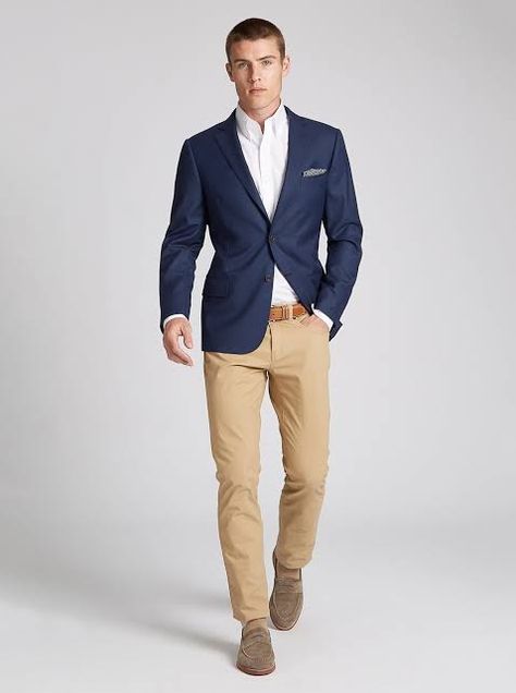 Blue And Khaki Outfit, Khaki Outfit Men, Tan Blazer Outfits, Blue Blazer Outfit Men, Sport Coat Outfit, Blue Blazers, Khaki Pants Outfit, Khakis Outfit, Blue Sport Coat