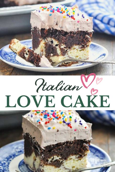 This chocolate Italian Love Cake starts with a boxed cake mix for an easy dessert recipe that only looks fancy! With chocolate, sweet ricotta, and a whipped pudding topping, the layered Italian cake is moist, rich, and perfect for Valentine's Day, birthdays, or any other special occasion! Study Meals, Chocolate Italian Love Cake, Whipped Pudding, Italian Love Cake, Easy Birthday Desserts, Love Cake Recipe, Chocolate Lovers Cake, Sweet Ricotta, Buttermilk Chocolate Cake