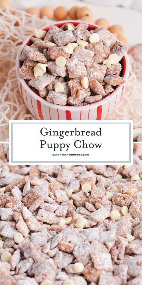 In this Gingerbread Puppy Chow, sweet, spiced chocolate coats crispy Cinnamon Chex for a snack you'll want to keep around all year! Holiday Party Mix Recipes, Puppy Chow Thanksgiving, Puppy Chow Popcorn, Gingerbread Puppy Chow, Captain Crunch Puppy Chow, Chex Mix Christmas Recipes, Thanksgiving Puppy Chow, Christmas Treats Savory, Fall Puppy Chow