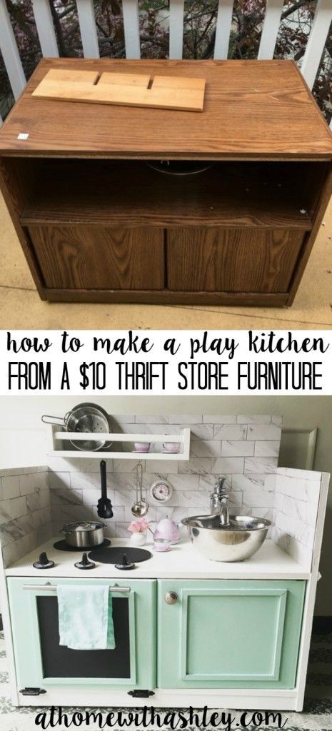 How to make a Play Kitchen from a $10 piece of furniture - at home with Ashley Small Bedrooms, Play Kitchen Diy, Diy Kids Kitchen, Kids Toy Kitchen, Play Kitchens, Kids Play Kitchen, Store Furniture, Thrift Store Furniture, Diy Play Kitchen