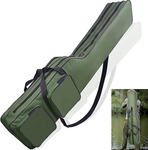 【】made of premium 600D oxford cloth and inner waterproof lining, water-resistant and tear-resistant 【】51.2"L x 9.4"D x 5.5"W. 【】Two main compartments with big zipped openings hold rod, line, float box etc. 【】4 exterior pockets to hold lures, knives, bait, etc. 【】hand carry strap and adjustable shoulder strap 【】rod bag is foldable and can be stored in your backpack 【】*paid link Ice Fishing Gifts, Fishing Pole Storage, Fishing Rod Case, Fishing Rod Bag, Fishing Rod Storage, Fishing Tackle Storage, Fishing Bag, Fish In A Bag, Portable Bag