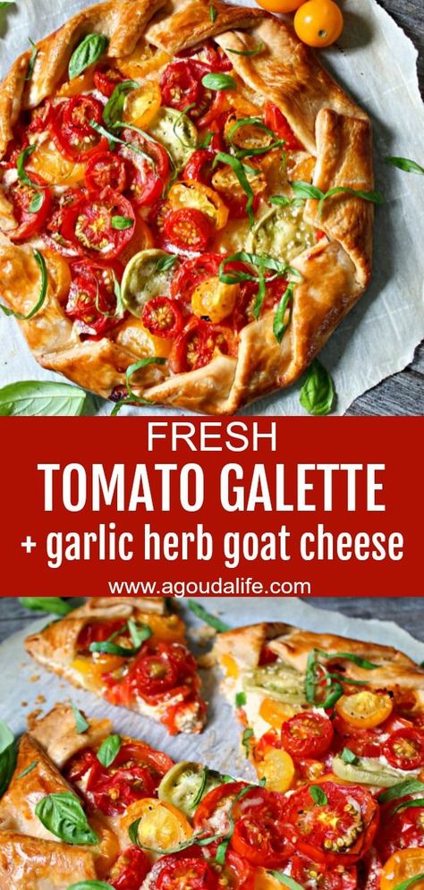 Tomato Galette ~ sweet summer tomatoes baked with tangy goat cheese and fresh herbs wrapped in a buttery, flaky crust. Use store bought or homemade dough. #galette #tomatoes #tomatogalette #easysummerrecipes #easyrecipes #tomatopie Buttery Flaky Pie Crust, Tomato Galette, Best Pie Crust Recipe, Goat Cheese Tart, Galette Recipe, Baked Tomatoes, Tomato Tart, Tomato Pie, Homemade Dough